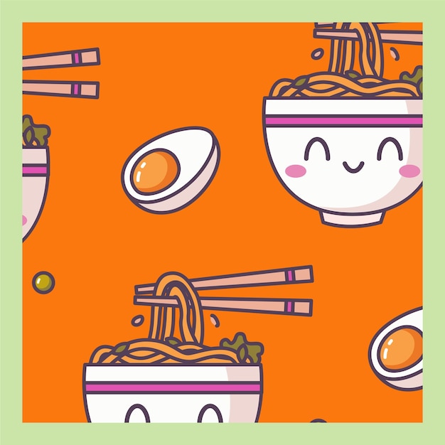 Vetor um fundo laranja com uma imagem de macarrão ramen com um rosto e as palavras ramen no topo