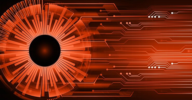 Vetor um fundo laranja e preto com um círculo e a palavra tecnologia nele.