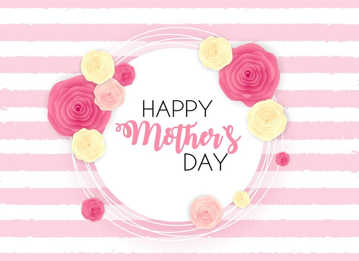 Vetor um fundo listrado rosa e branco com flores e texto feliz dia das mães