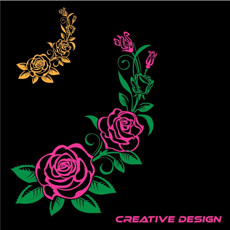 Vetor um fundo preto com um desenho de flor rosa e amarelo com as palavras design criativo.