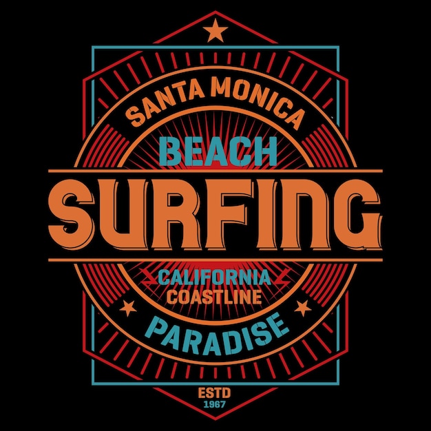 Um fundo preto com um logotipo para surfar na praia de santa malibu.