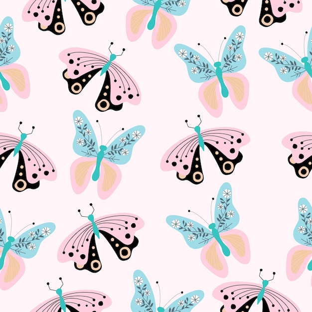 Um fundo rosa com borboletas e um com padrão preto e rosa
