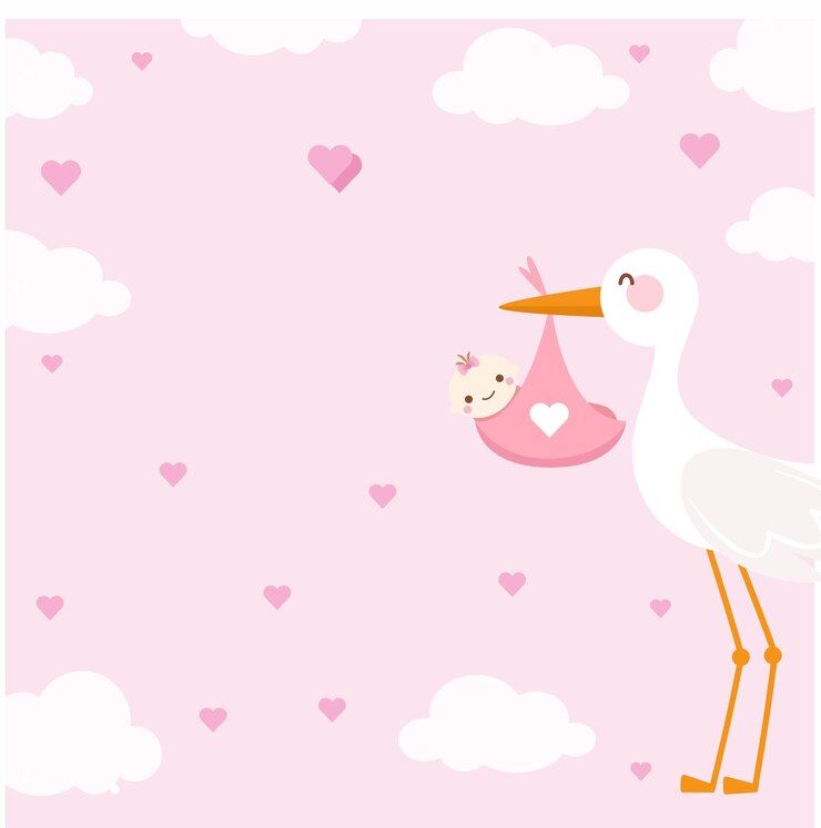 Vetor um fundo rosa com um pássaro e um bebê e corações