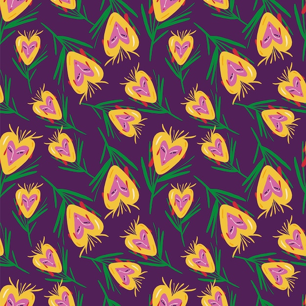 Vetor um fundo roxo com flores amarelas e a palavra amor em amarelo