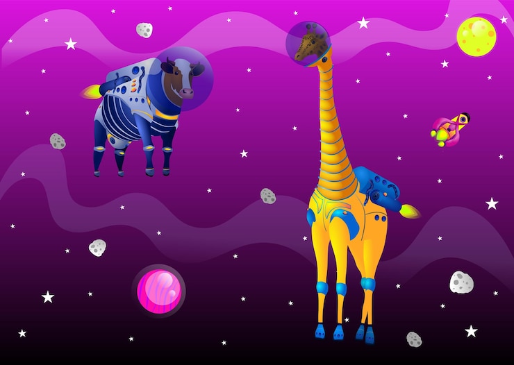 Vetor um fundo roxo com uma girafa e uma bola rosa com a palavra girafa.