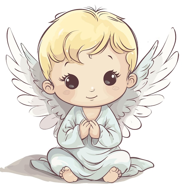 Um garotinho com asas de anjo sentado no chão.