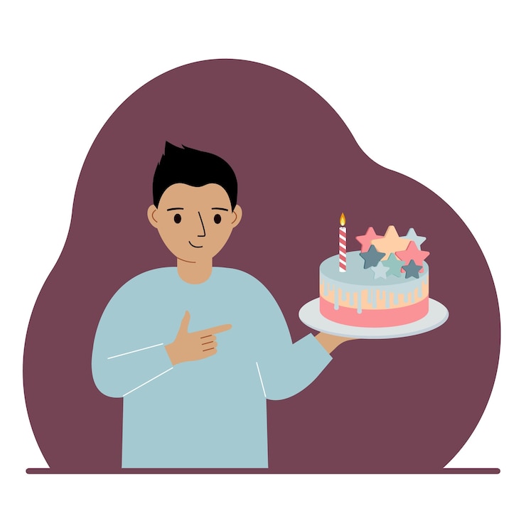 Vetor um garotinho comemora um aniversário ou algum evento um garotinho com um bolo de aniversário com uma vela