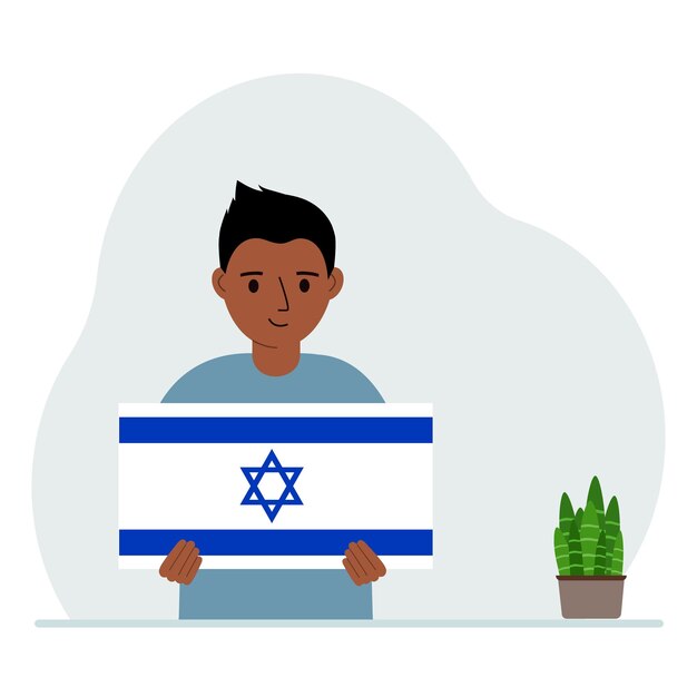 Um garotinho segura a bandeira de israel em suas mãos o conceito de feriado nacional de demonstração ou patriotismo nacionalidade