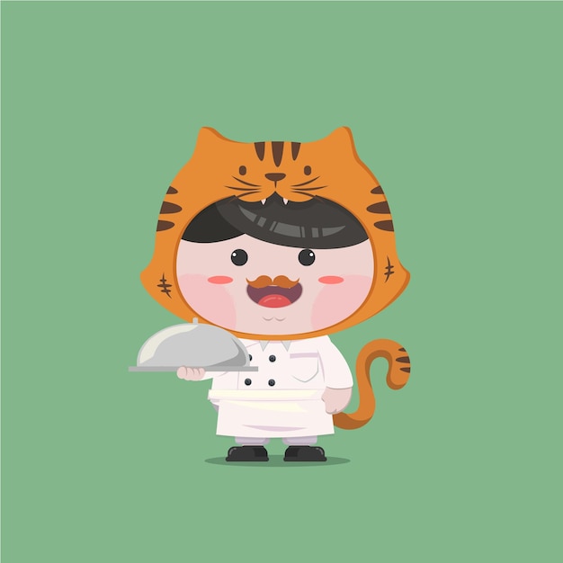 Um garotinho vestindo fantasia de gato chef