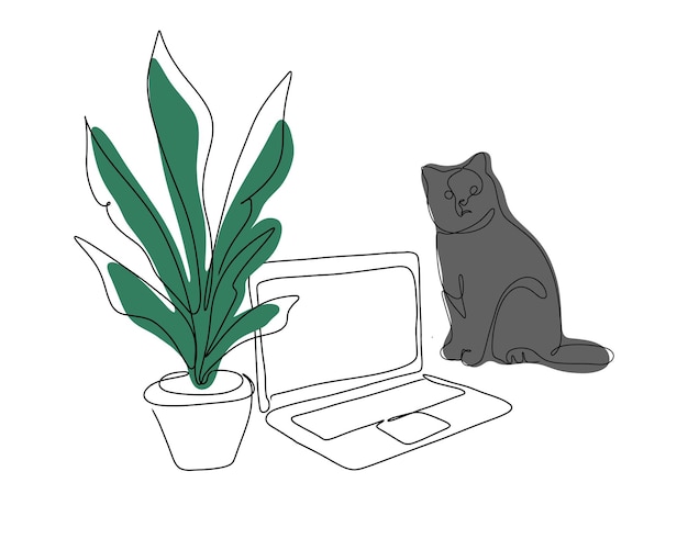 Um gato cinza senta-se perto de um laptop, ao lado dele há um vaso de flores, uma planta de casa. bicho de estimação. um desenho de linha