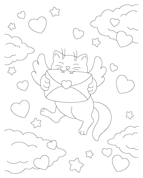 Um gato com asas carrega uma carta de amor. página do livro para colorir para crianças. dia dos namorados.