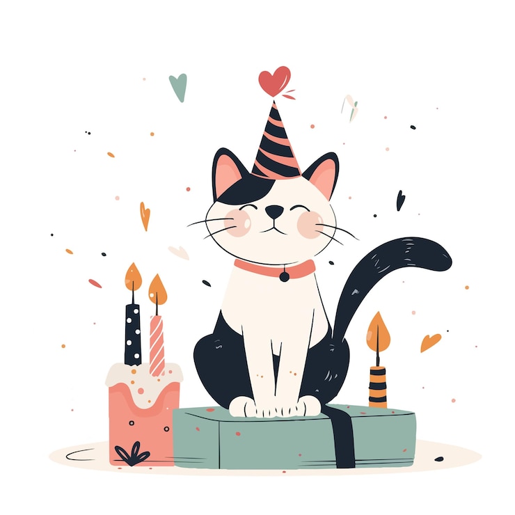 Vetor um gato com um chapéu de festa e um bolo de aniversário com uma vela acesa