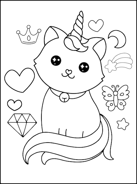 Bonito Desenho Animado Kitty Unicórnio Delineado Para Colorir Livro Isolado  imagem vetorial de Reginast777© 416122180