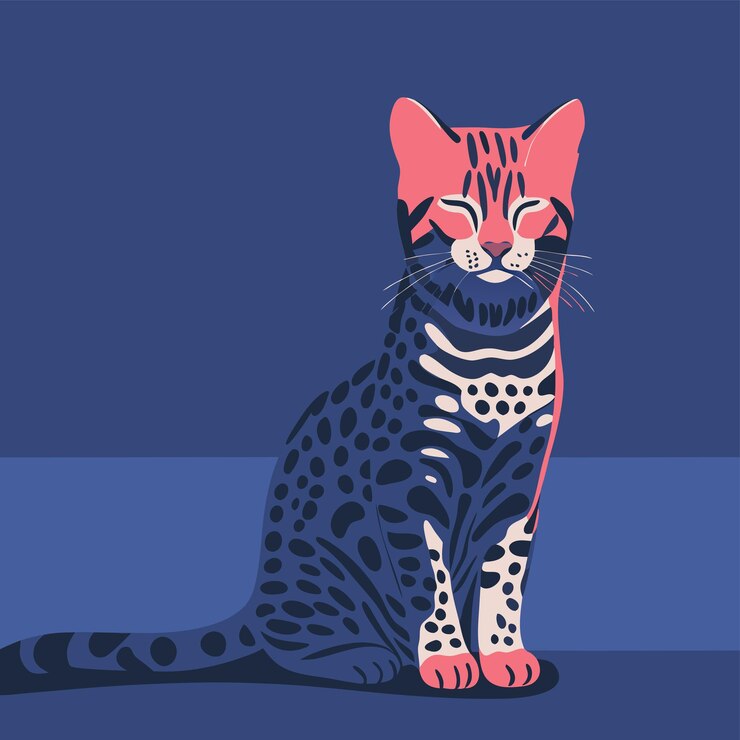 Vetor um gato com um colarinho vermelho está sentado em um fundo azul