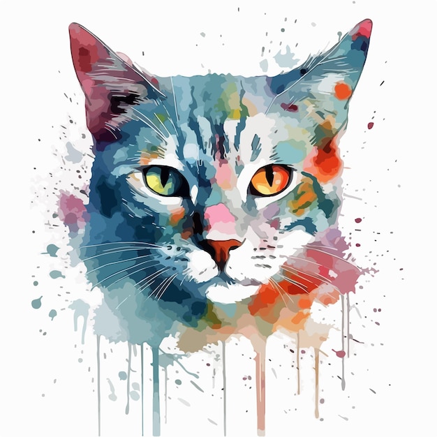 Um gato com um olho azul e laranja é pintado em um fundo branco.