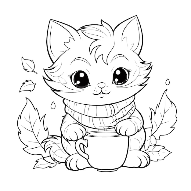 Um gato com uma xícara de sidra temperada sidra temperada páginas para colorir vector