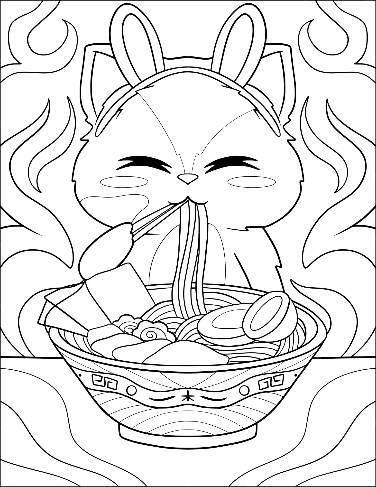 Desenho de gato comendo macarrão para colorir