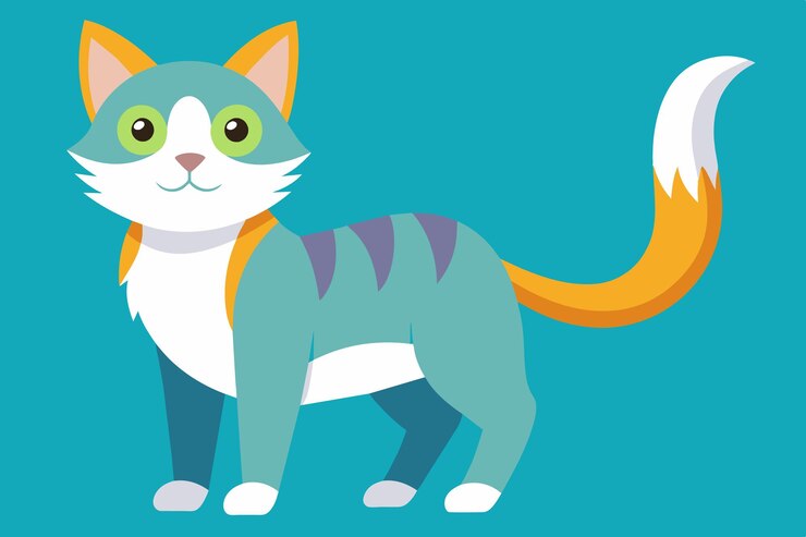 Vetor um gato de desenho animado com olhos verdes e um fundo azul com olhos amarelos