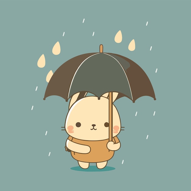 Um gato de desenho animado com um guarda-chuva na chuva