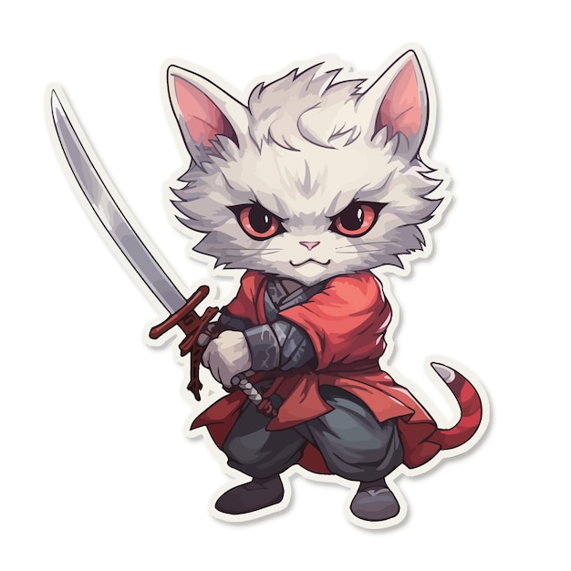 Vetor um gato desenhado com uma espada e uma imagem desenhada de um gato com uma espada.