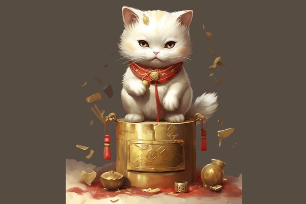 Um gato fofo deseja boa sorte com um caractere chinês no estilo de imagens realistas ilustração em vetor