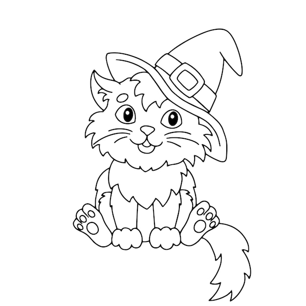 Um gato fofo em um chapéu de bruxa tema de halloween página de livro para colorir para crianças estilo de desenho animado