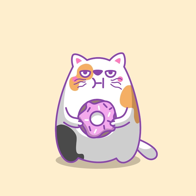 Um gato preguiçoso de três cores está comendo um donut