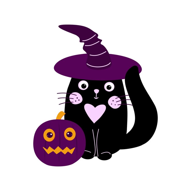 Vetor um gato preto bonito com um chapéu de bruxa senta-se ao lado de uma abóbora de halloween personagem de desenho animado de férias animais