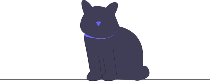 Vetor um gato preto com um colarinho roxo senta-se em um fundo branco