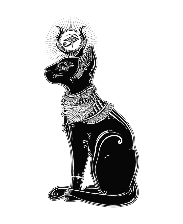 Vetor um gato preto com um símbolo da lua em sua cabeça