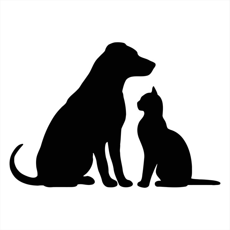 Vetor um gato preto e um cão sentados um ao lado do outro