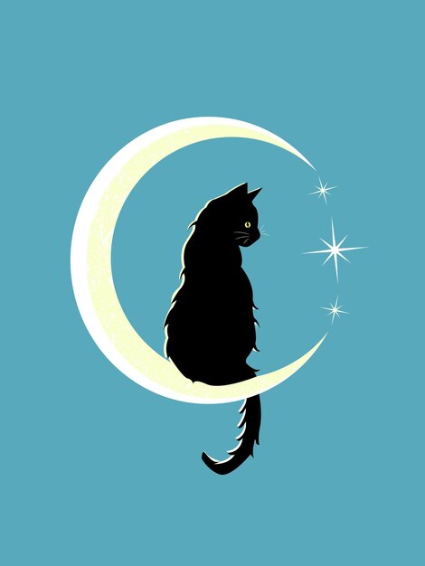 Um gato preto elegante e misterioso com estrelas sentado no mês lunar