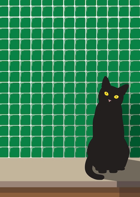 Um gato preto senta-se em frente a uma parede verde.