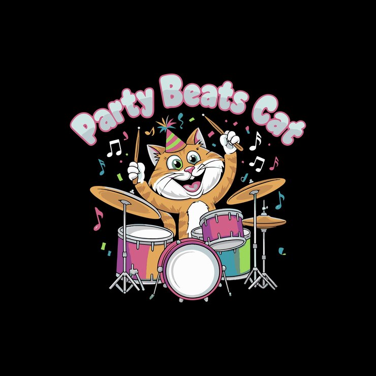 Vetor um gato tocando bateria com as palavras festa gato festa gato