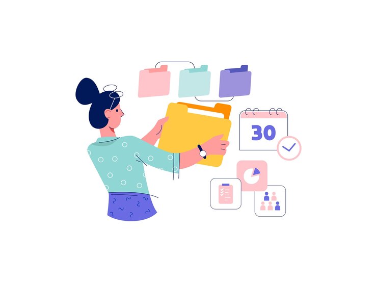 Vetor um gerente de projeto organiza pastas desenhadas à mão ilustração vetorial plana