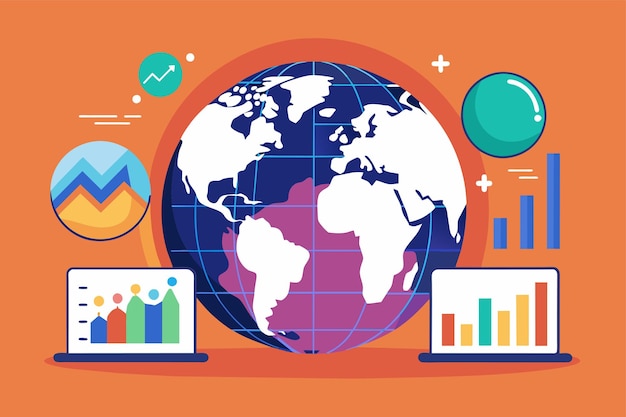 Vetor um globo com laptops por baixo e um globo menor em cima simbolizando análise e conectividade do mercado global metafora de análise do mercado de ações simples e minimalista ilustração vetorial plana