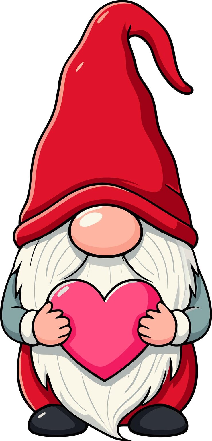 Vetor um gnomo vestindo um chapéu vermelho alto e segurando um coração rosa em suas mãos