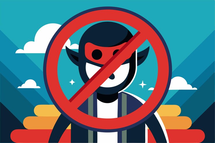 Vetor um gráfico vibrante mostra um personagem de desenho animado com um sinal de proibição de entrada em negrito instando a máscaras faciais necessárias sem máscara facial sem entrada personalizável ilustração desproporcionada