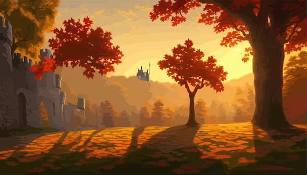 Um grande castelo com uma torre no topo de uma colina cercada por árvores de outono ilustração vetorial