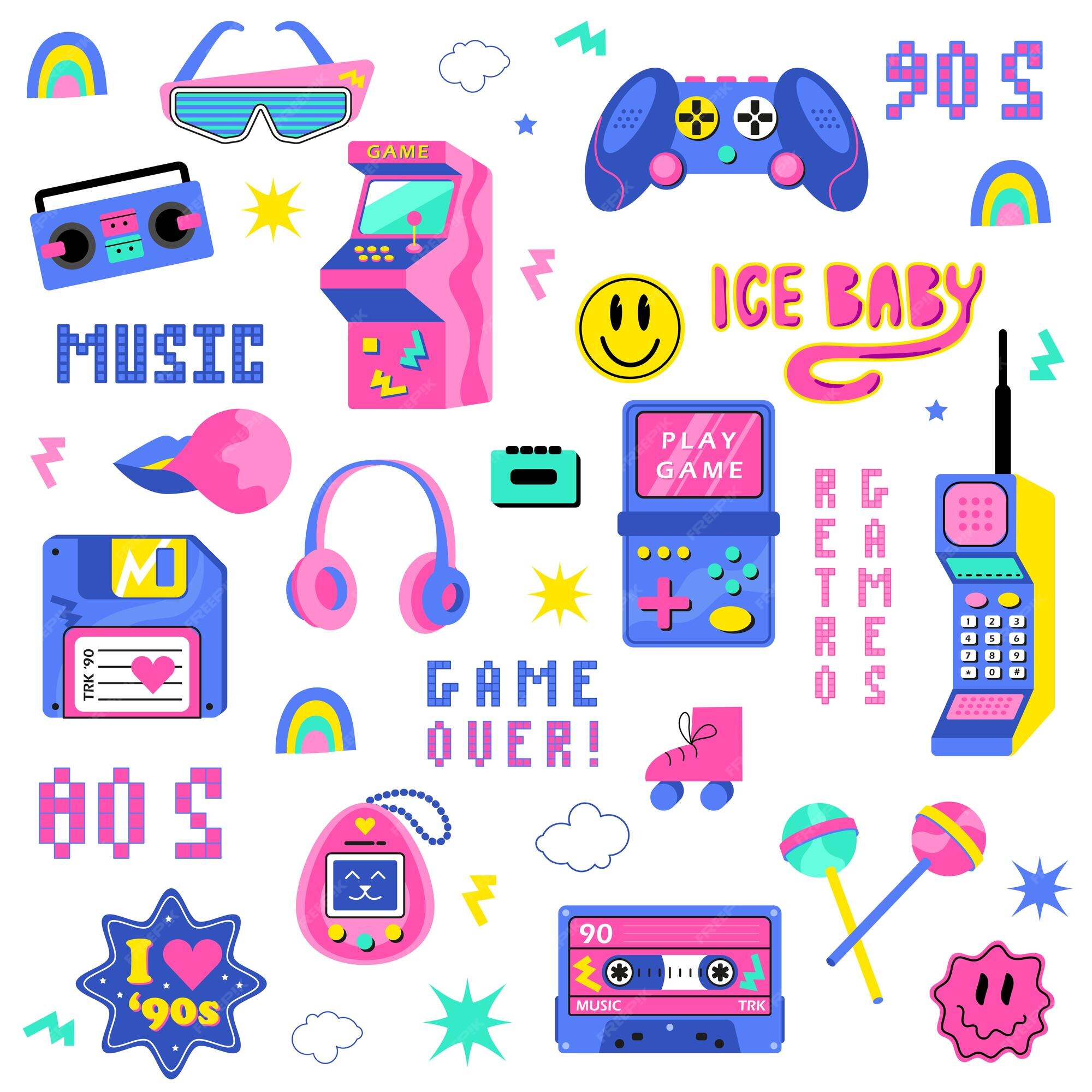 Cones De Gadgets Dos Anos 90 Em Um Estilo Plano. Console De Jogo Retro,  Câmera, Cassete De Vídeo, Jogador, TV Vintage, Pager E Outros Eletrônicos.  Um Conjunto De Gadgets Hipster. Royalty Free