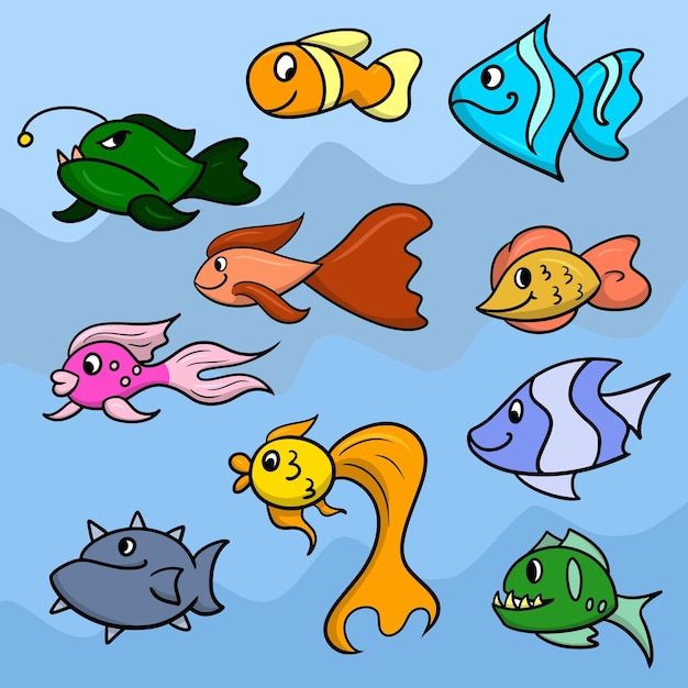 Um grande conjunto de peixes felizes de desenhos animados coloridos do aquário e o vetor de peixes exóticos do oceano