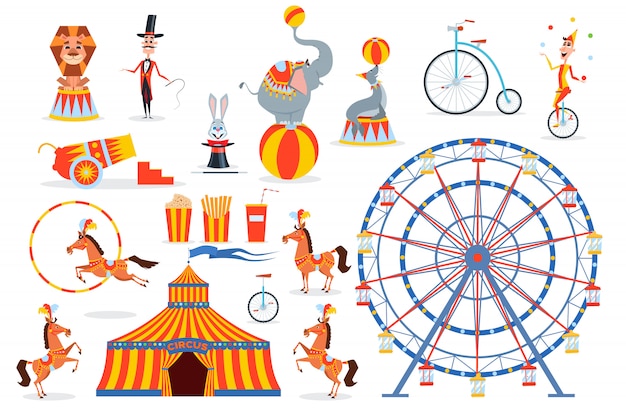 Um grande conjunto de personagens e objetos de circo