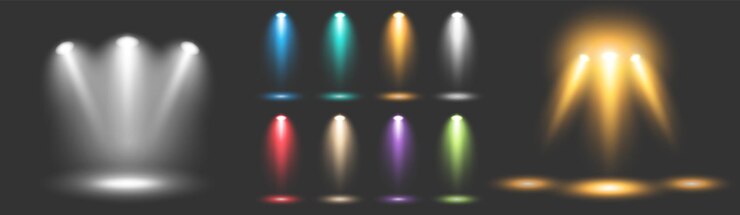 Vetor um grande conjunto de spotlights coloridos iluminando o palco com a luz de luminárias em um escuro