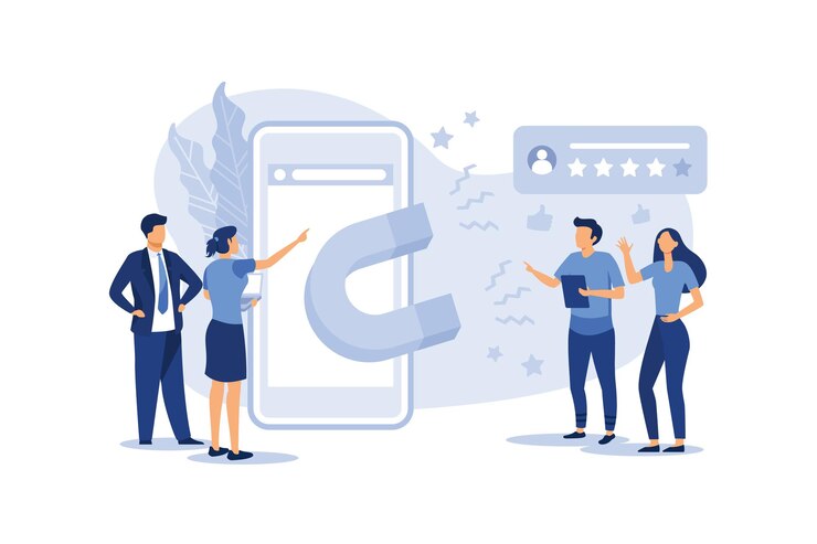 Vetor um grande ímã atrai curtidas, boas avaliações, classificação plana, design moderno, ilustração