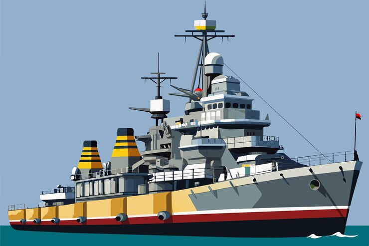 Vetor um grande navio com uma pintura vermelha e amarela e a palavra navio na parte inferior