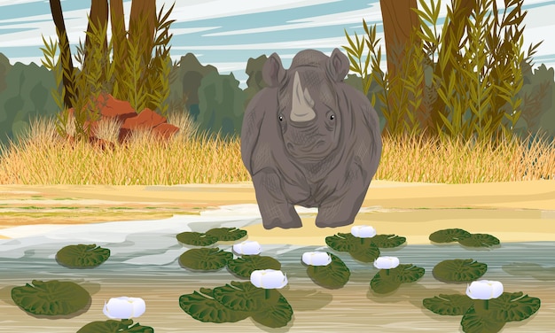 Vetor um grande rinoceronte branco está na margem do lago com lírios de água brancos