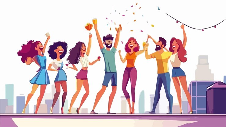 Vetor um grupo alegre de amigos masculinos e femininos comemorando juntos