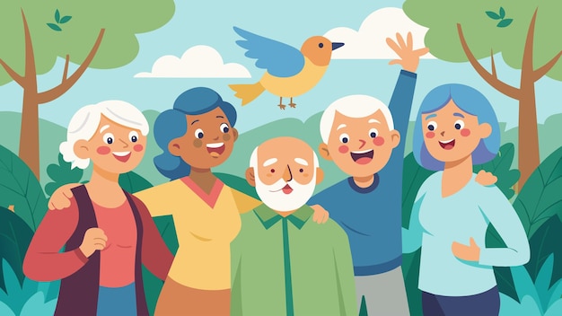 Vetor um grupo alegre de idosos sorrindo e apontando para diferentes espécies de aves que avistam nas árvores