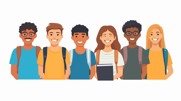 Vetor um grupo alegre e diversificado de jovens estudantes sorridente juntos