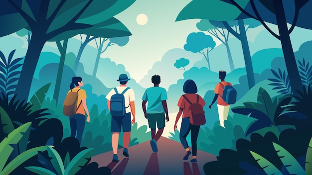 Vetor um grupo de amigos caminha através de uma densa floresta tropical suas mochilas amarradas firmemente enquanto eles